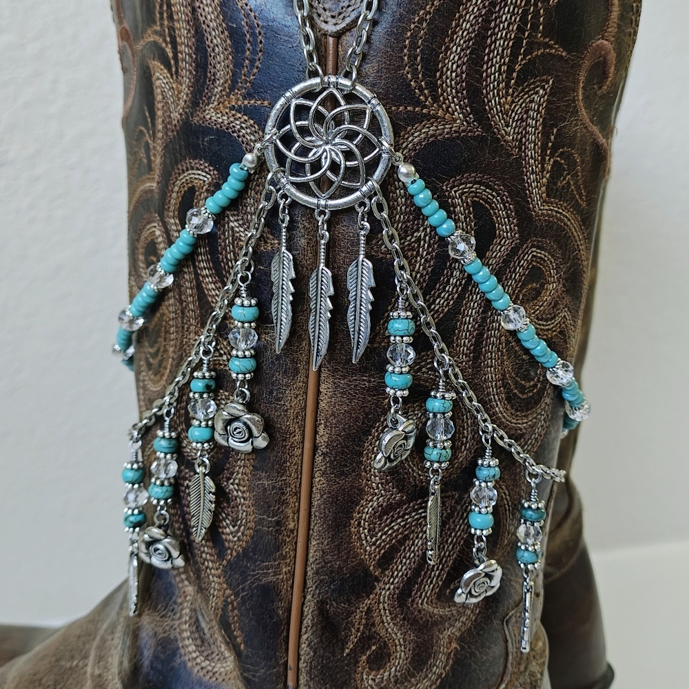 One Of A Kind Turquoise Silver Dreamcatcher Crystal Boot Bracelet Boot Chain - Picture 2 of 8